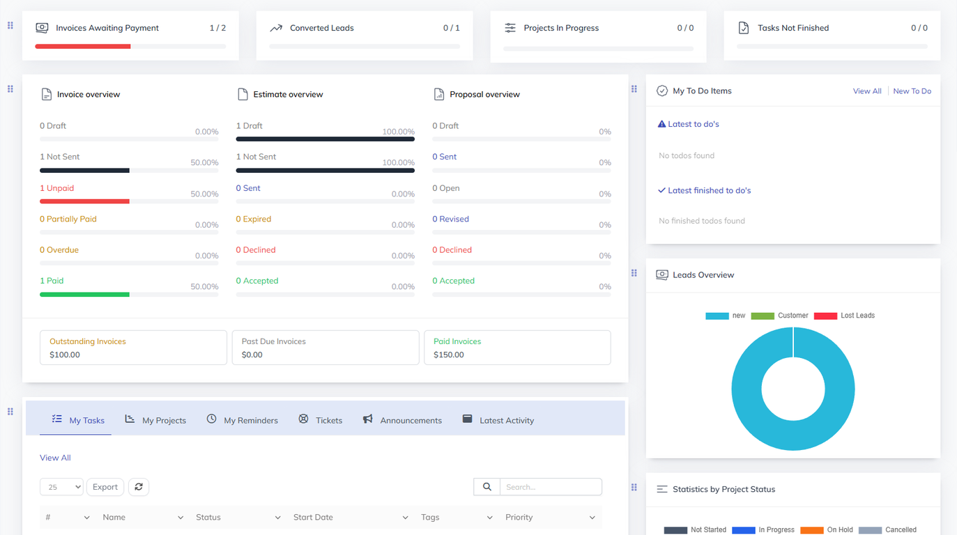 Leobri dashboard alternate light theme with invoices, leads overview, and project summary widgets