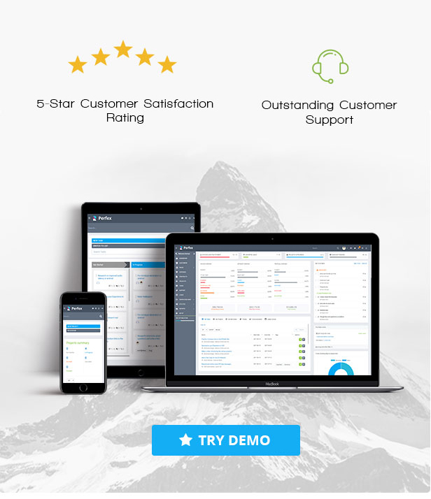 Leobri CRM shown across laptop, tablet, and phone with a 5-star customer satisfaction rating