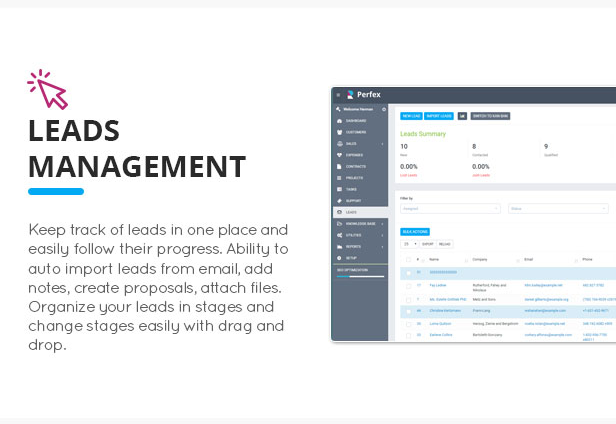 Leads management screen showing lead summary and lead list with stages