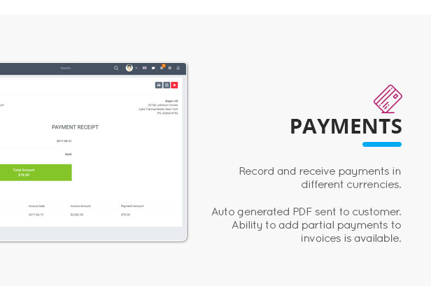 Payment receipt screen showing total amount and invoice details