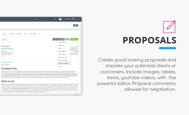 Proposal editor screen showing web design proposal with accept and decline actions