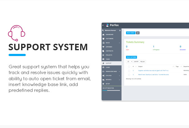 Support ticketing screen showing ticket summary and ticket list