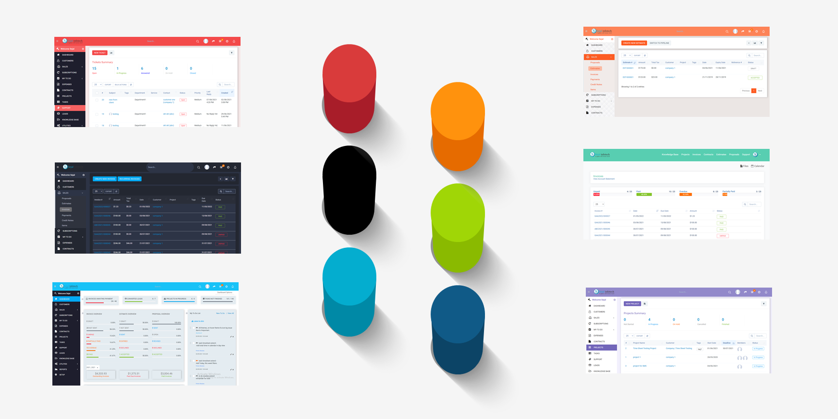 Leobri module and dashboard preview gallery in multiple theme colors