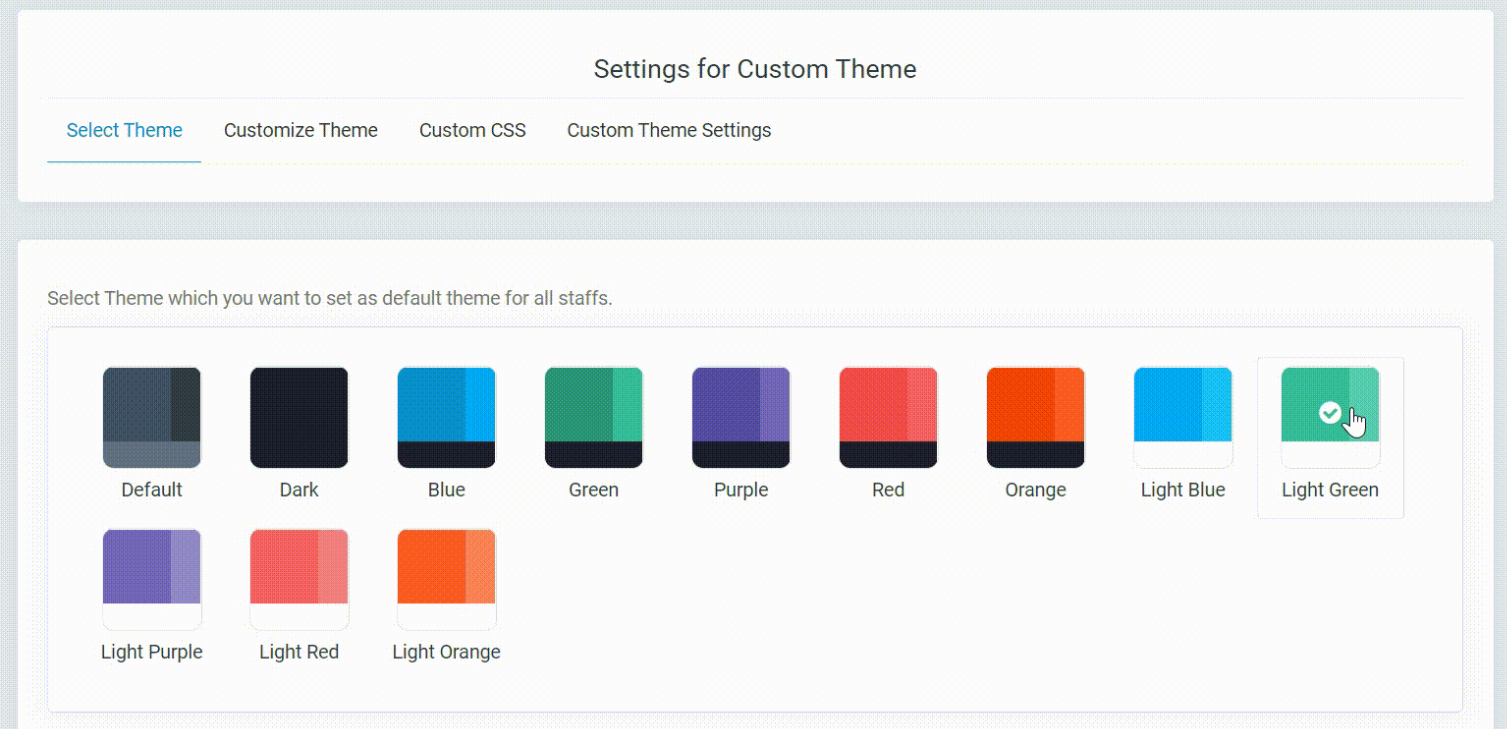 Custom theme settings screen showing eleven selectable color themes